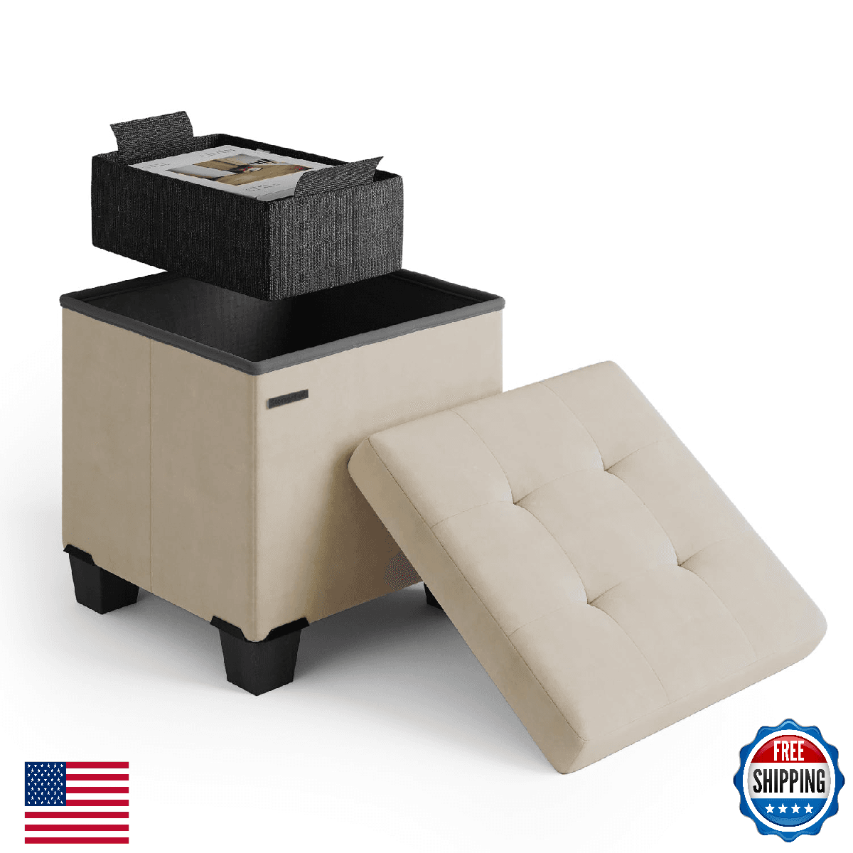 Storage Ottoman Cube with Small Bin, 15-in Square Ottoman with Storage for Livin - Image 1