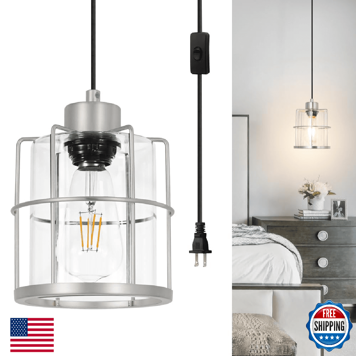 Brushed Nickel Plug in Pendant Light, Hanging Lights with Plug in Cord, Corded C - Image 1