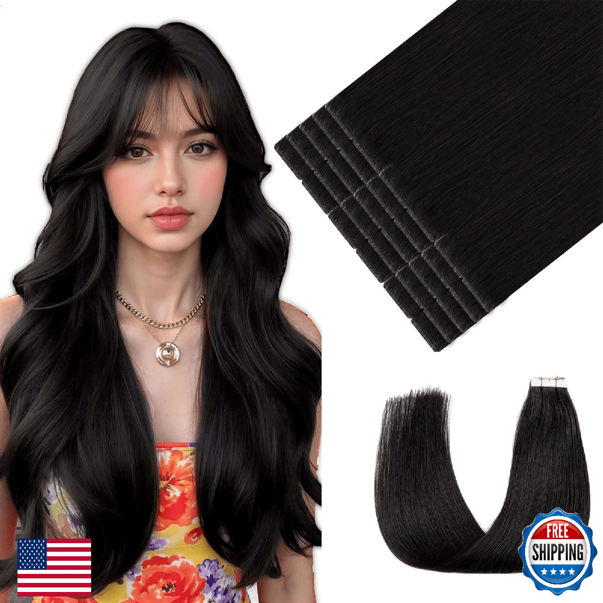 Youngsmile Human Hair Tape-In Extensions #1B Natural Black 14'' 20pcs 30g Straig - Image 1