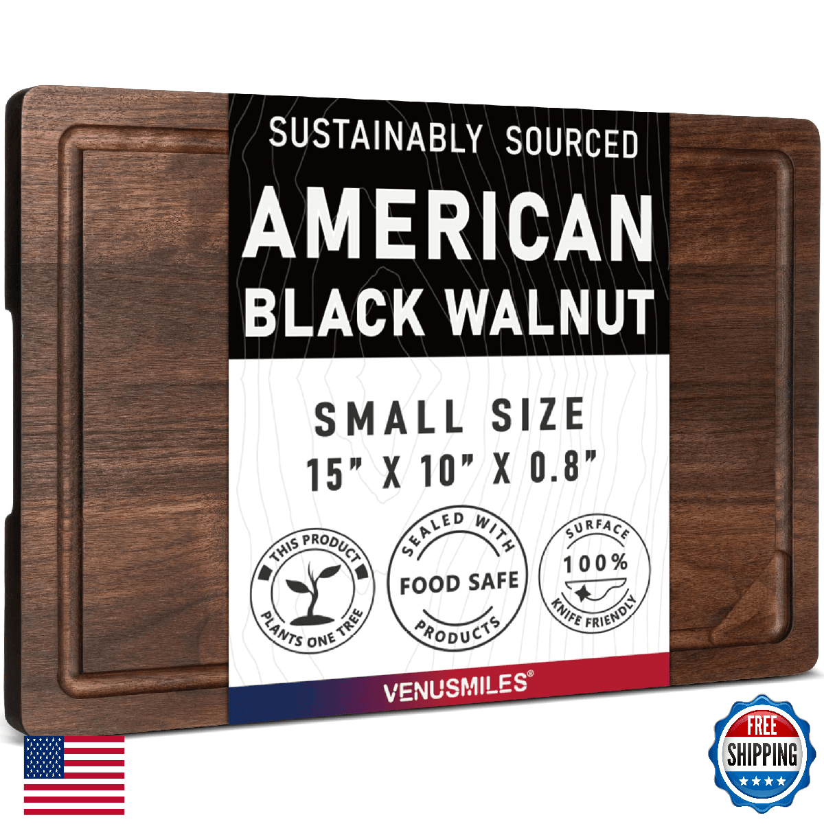 Walnut Wood Cutting Board for Kitchen with Deep Juice Groove & Side Handles, 15” - Image 1