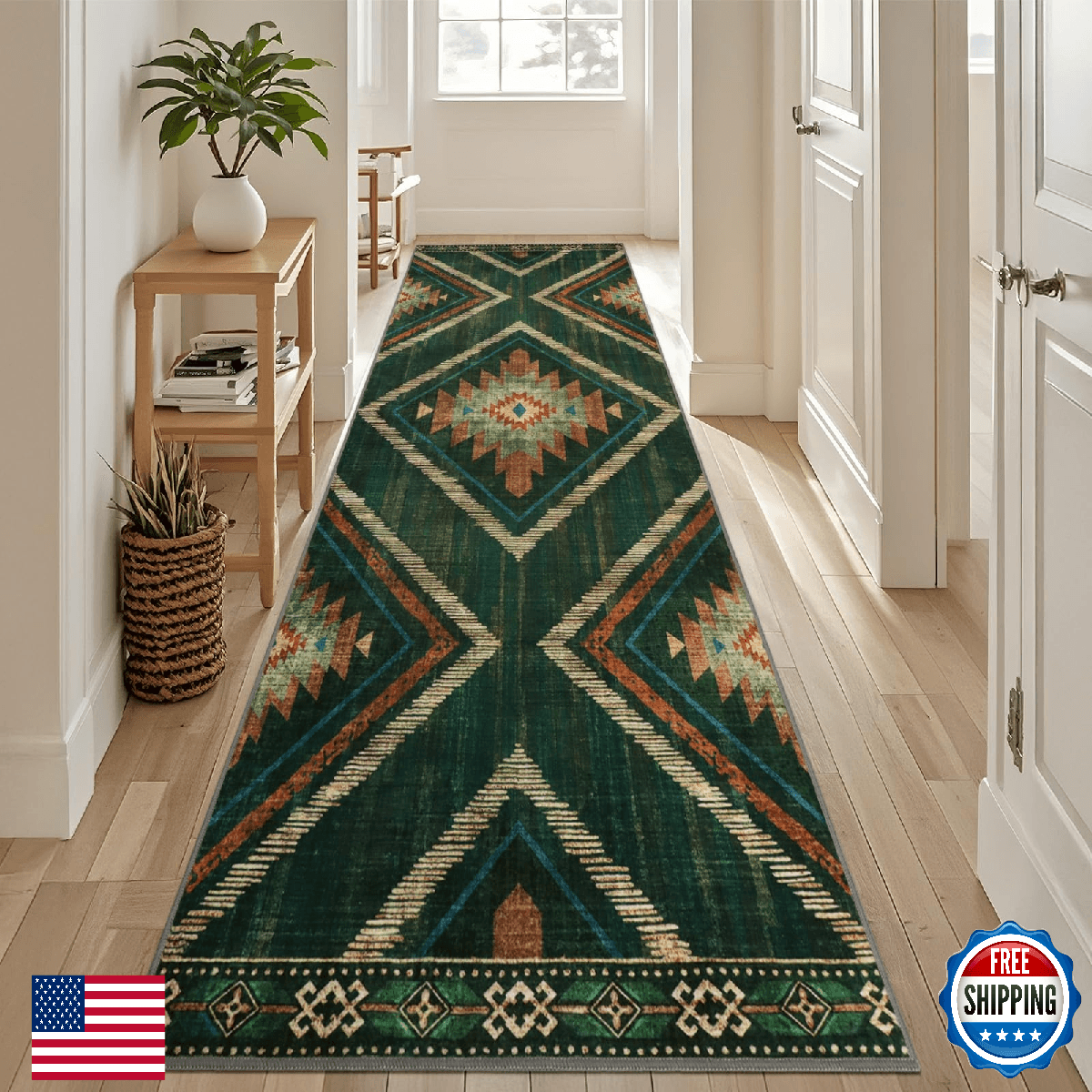 Geanlod Runner Rugs for Hallway Boho 3x10Ft Non Slip, Green Moroccan Washable Ki - Image 1