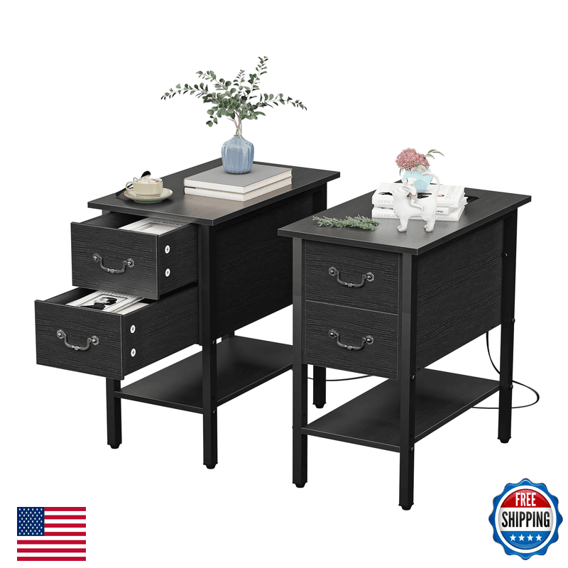 Vecelo End Tables Set Of 2Narrow Nightstands Charging Station Usb Ports 2 - Image 1