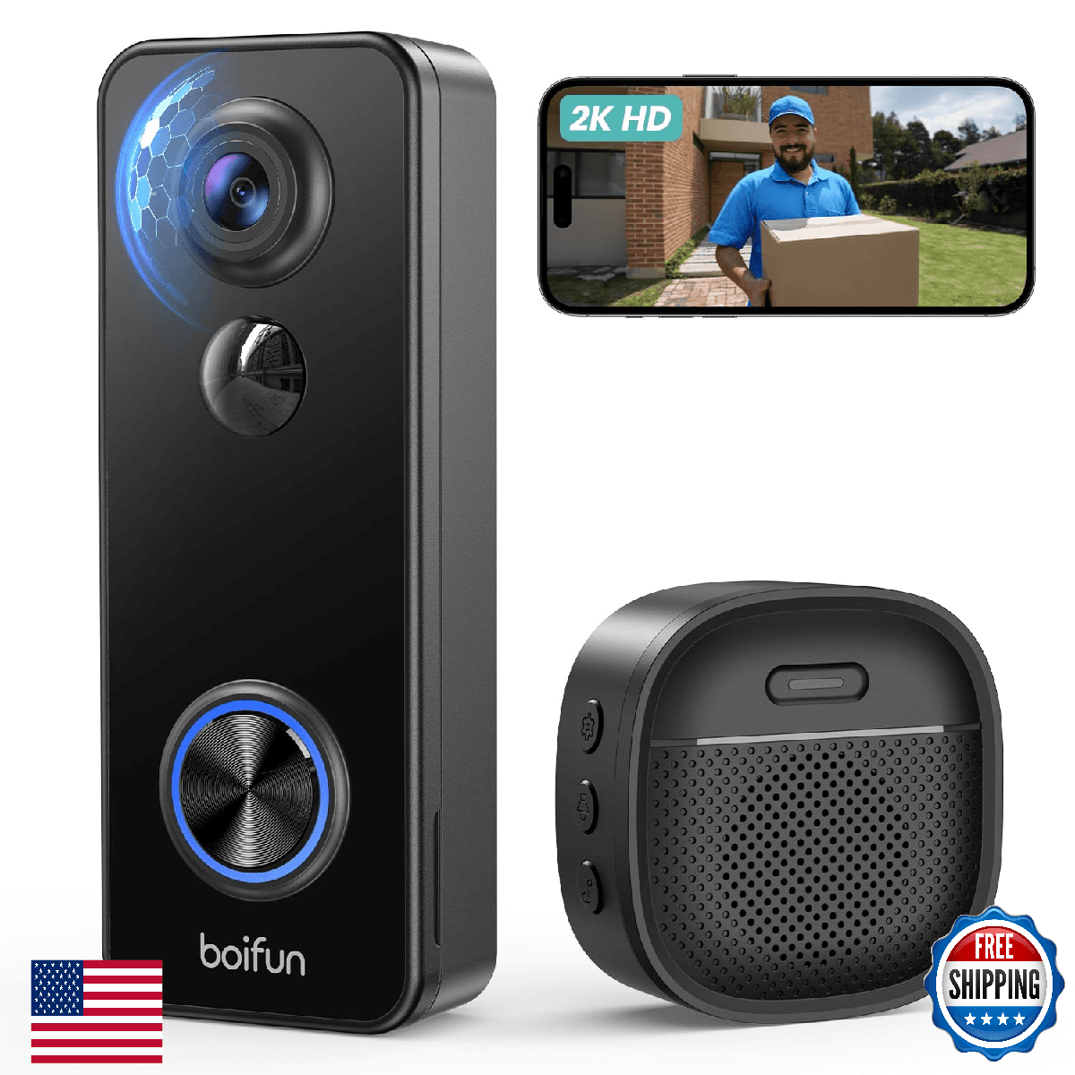 BOIFUN Video Doorbell Camera Wireless, No Subscription, 180° 3MP Ultra Wide-Angl - Image 1
