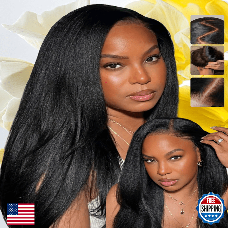 Sunber Yaki Straight Human Hair Wig Drawstring Bye Bye Knots Pre Cut 7X5 Lace - Image 1