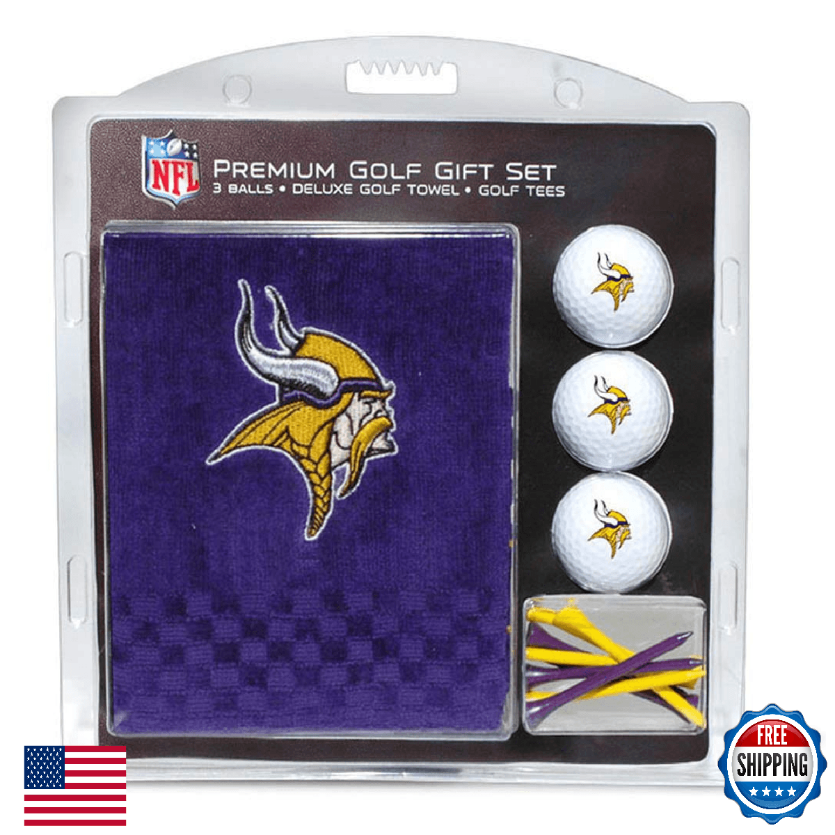 Team Golf NFL Minnesota Vikings Embroidered Golf Towel, 3 Golf Balls NEW - Image 1