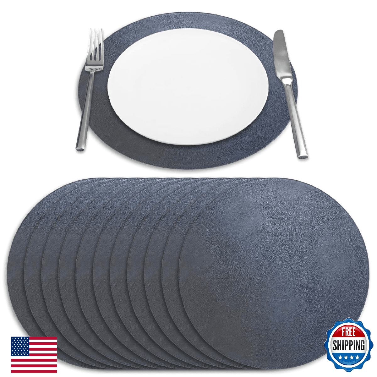 Homewear Morgan Faux Leather 12-Pack Placemats, 15" Round, Navy, Heat Resistant - Image 1