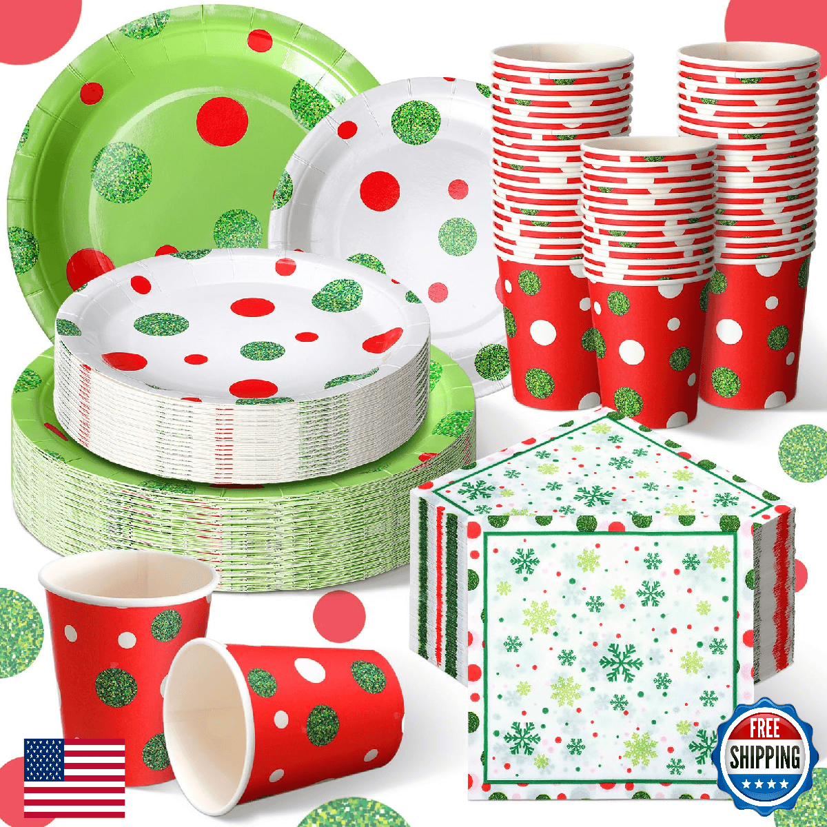 Hsei 250Pc Christmas Green Disposable Plates Napkins Cups Party Tableware Set - Image 1