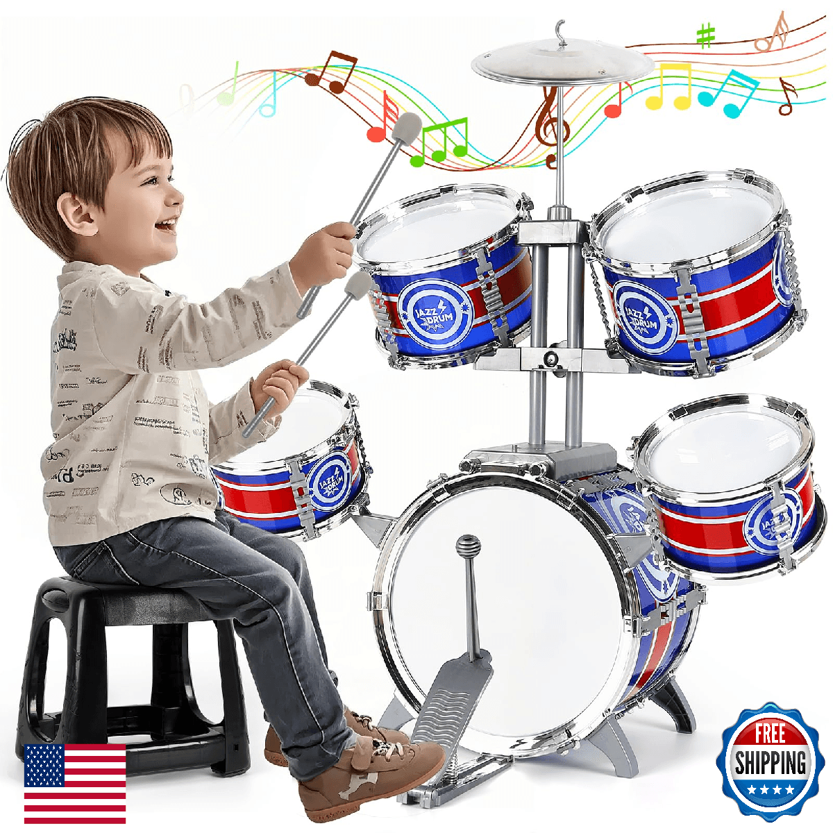 Kids Drum Set, Drum Set for Toddlers with Stool Upgraded Plastic Rock Jazz Drum - Image 1