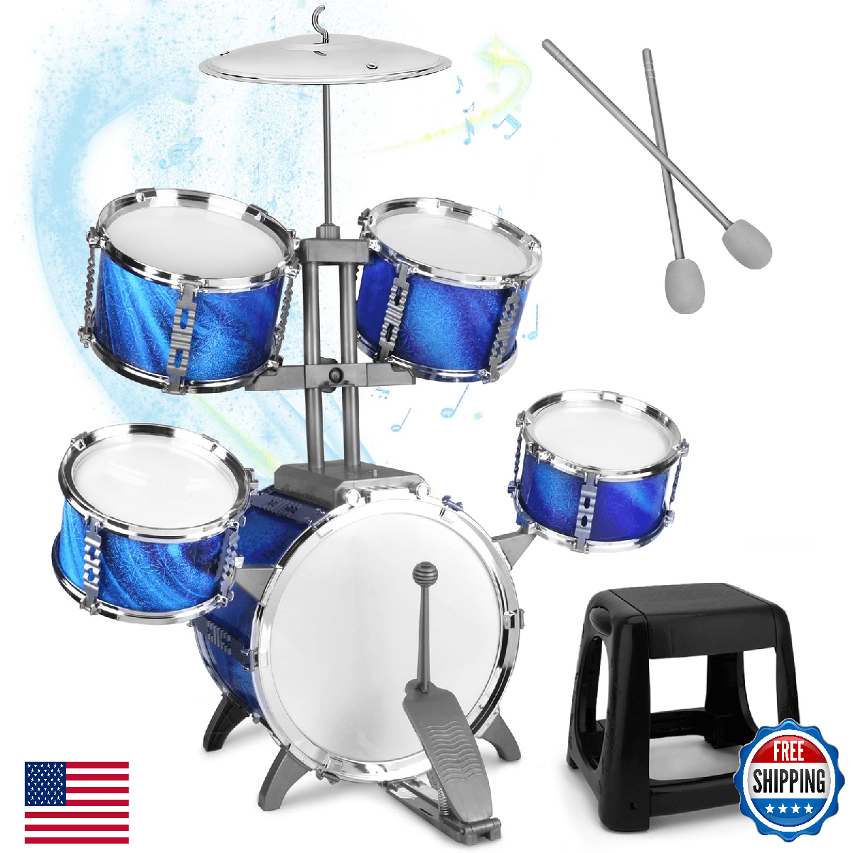 Kids Jazz Drum Set w/ Stool & Sticks Toy for Toddlers Ages 3-7 Boy/Girl - Image 1