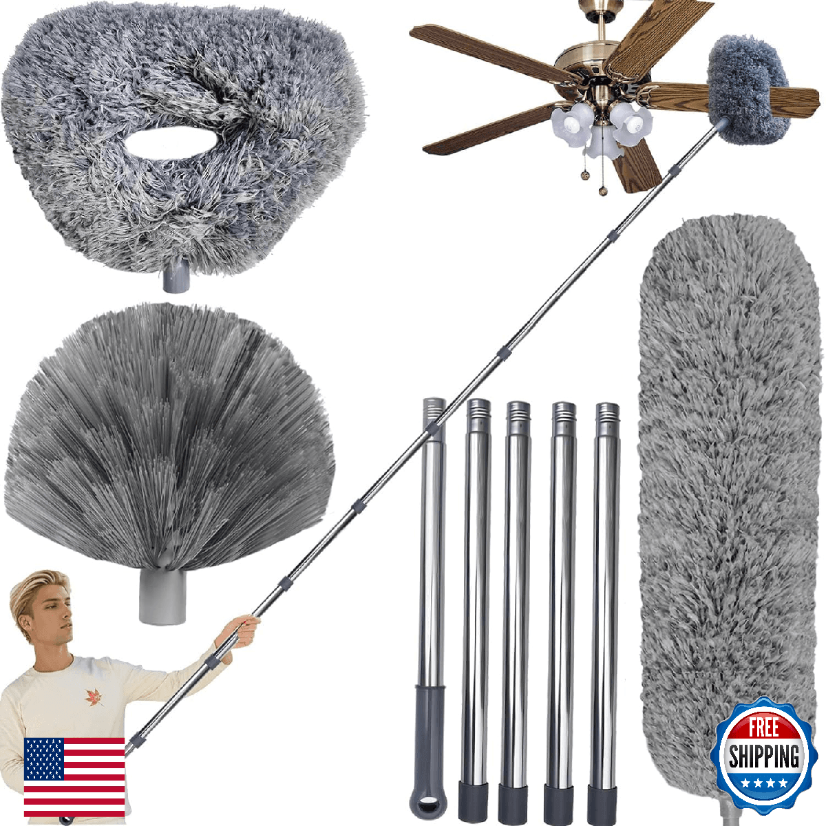 20+ Ft High Reach Ceiling Fan, Cobweb & Corner Brush Duster 3-14 ft Pole - Image 1