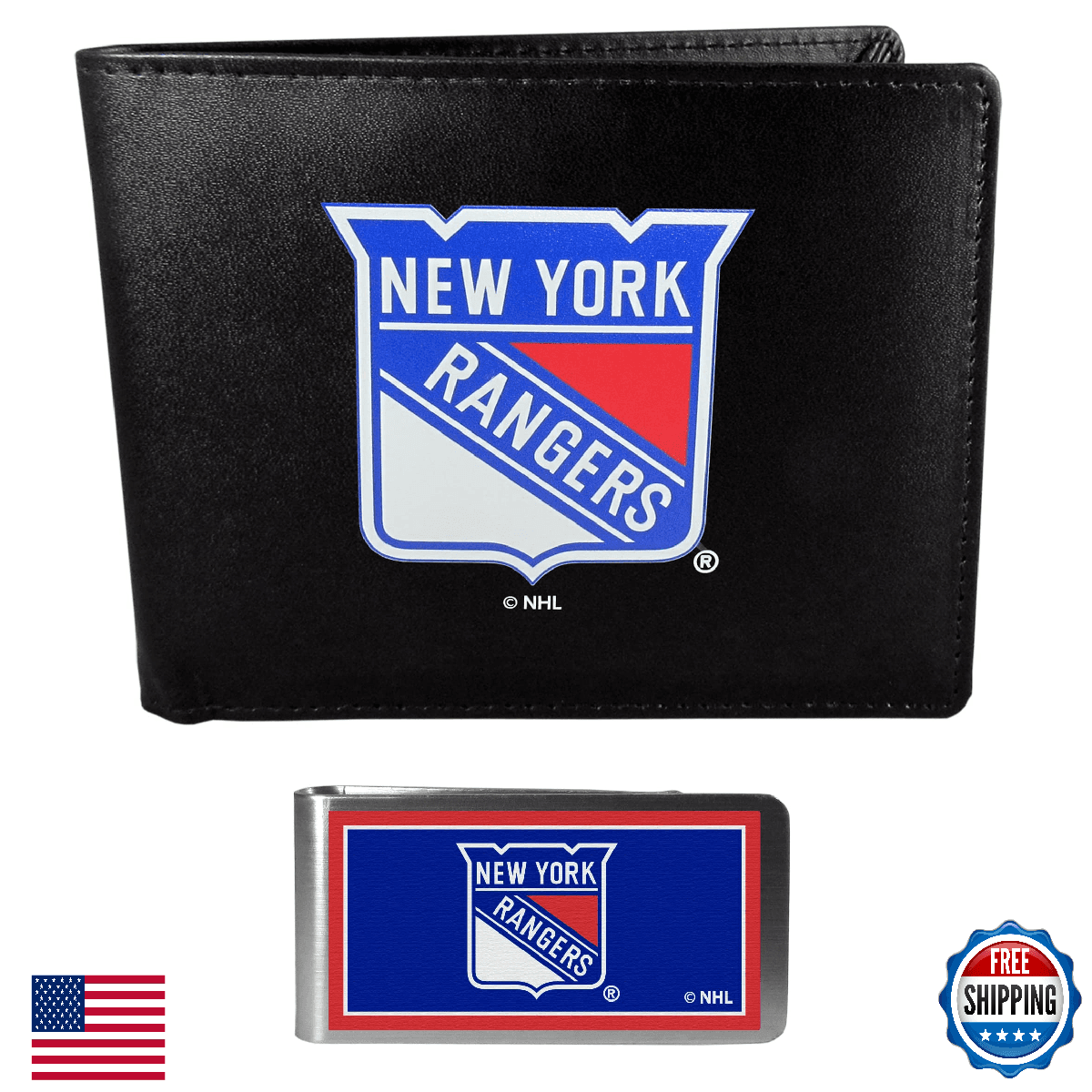 NHL New York Rangers Bi-fold Wallet & Color Money Clip - Black - Image 1