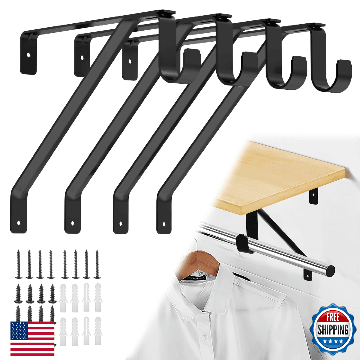 Pisman Adjustable Closet Rod Bracket Heavy Duty Shelf Holder 4-Pack White - Image 1