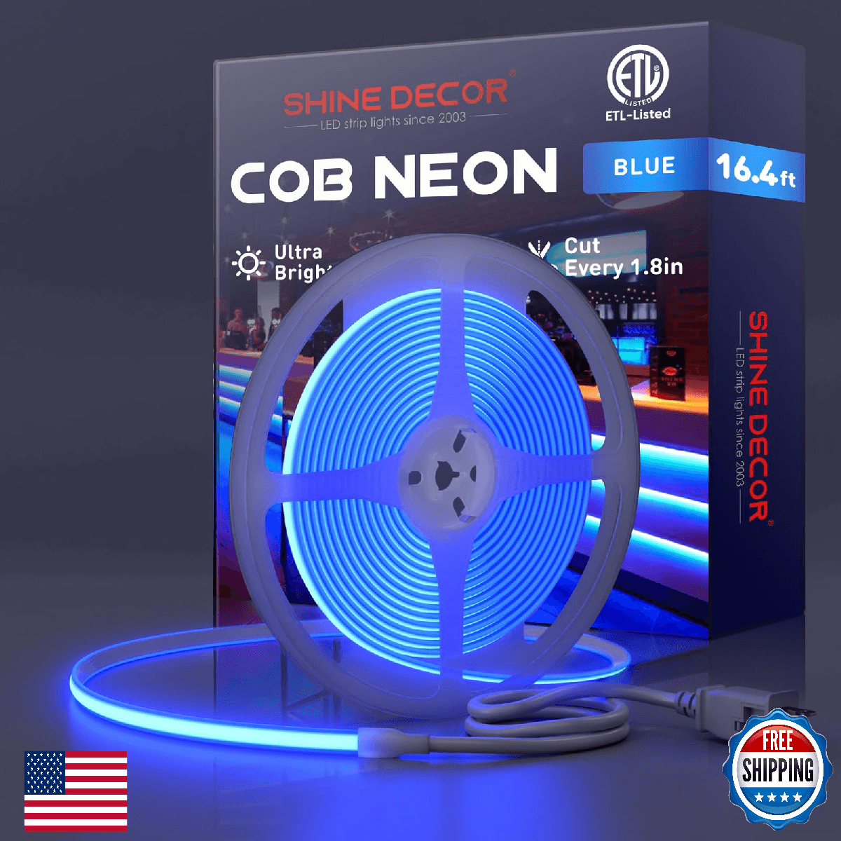 Shine Decor Blue COB LED Rope Light 16.4ft Waterproof 120V ETL Indoor/Outdoor - Image 1