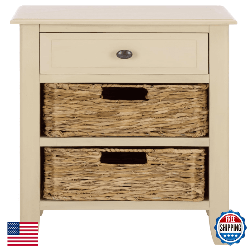 Safavieh Home Collection Everly Sand 3-Drawer Side Table Natural Rattan Basket - Image 1