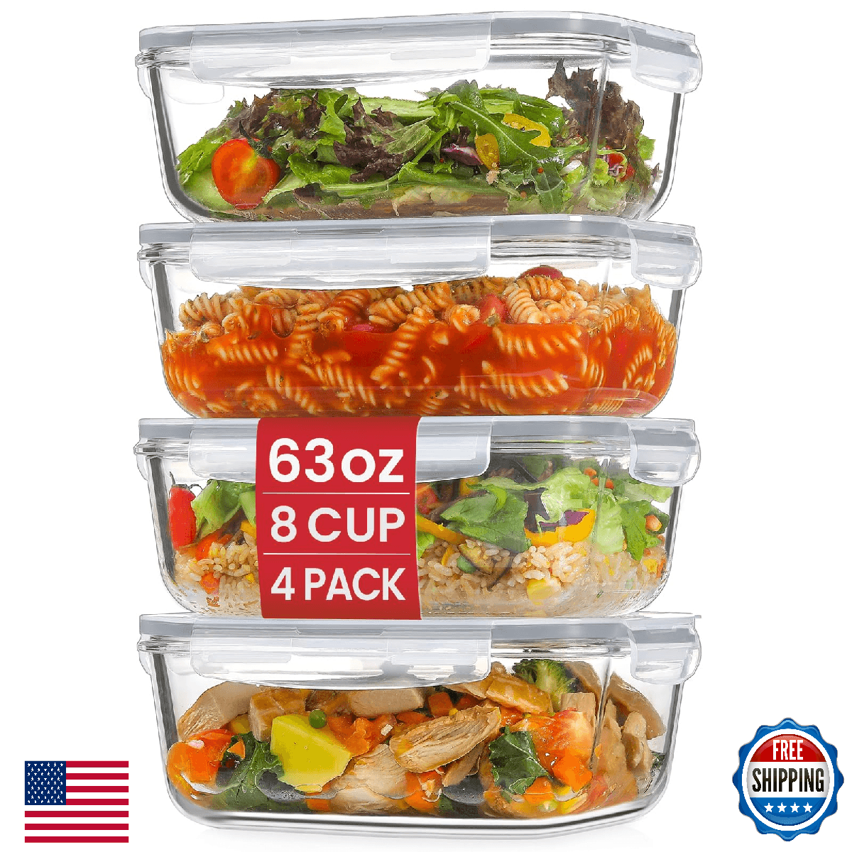 Snuvid 4 Pack 8 Cups Large Glass Storage Containers with Lids Meal Prep Leak Pro - Image 1