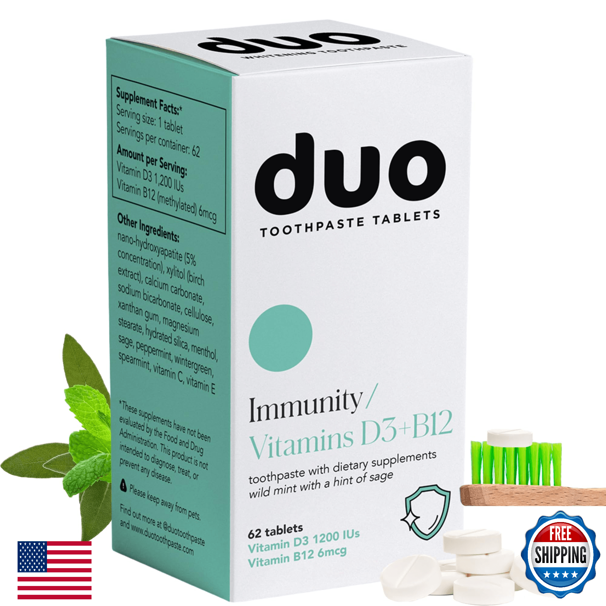 Duo Immunity Toothpaste Tablets w/Nano-Hydroxyapatite, Vit D3 + B12 - Image 1