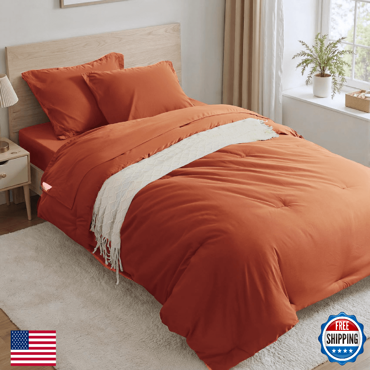 Anluoer Burnt Orange Twin Comforter Set 5 Pieces Bed in a Bag All Season Bedding - Image 1