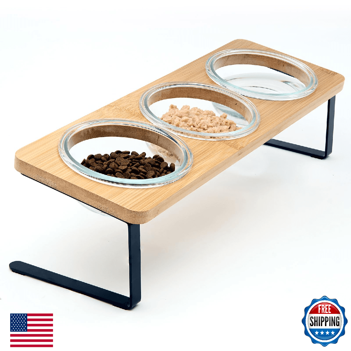 Lawfery 15° Tilted Elevated Cat Bowls, 3 Glass Bowls, Bamboo Base - Image 1