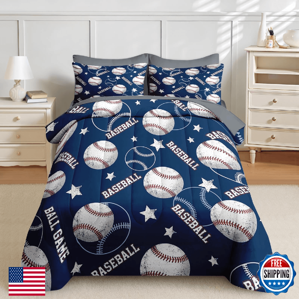 Nesker 5 Pcs Comforter Set Twin Size Red White Blue Baseball Kids Adults Bedding - Image 1