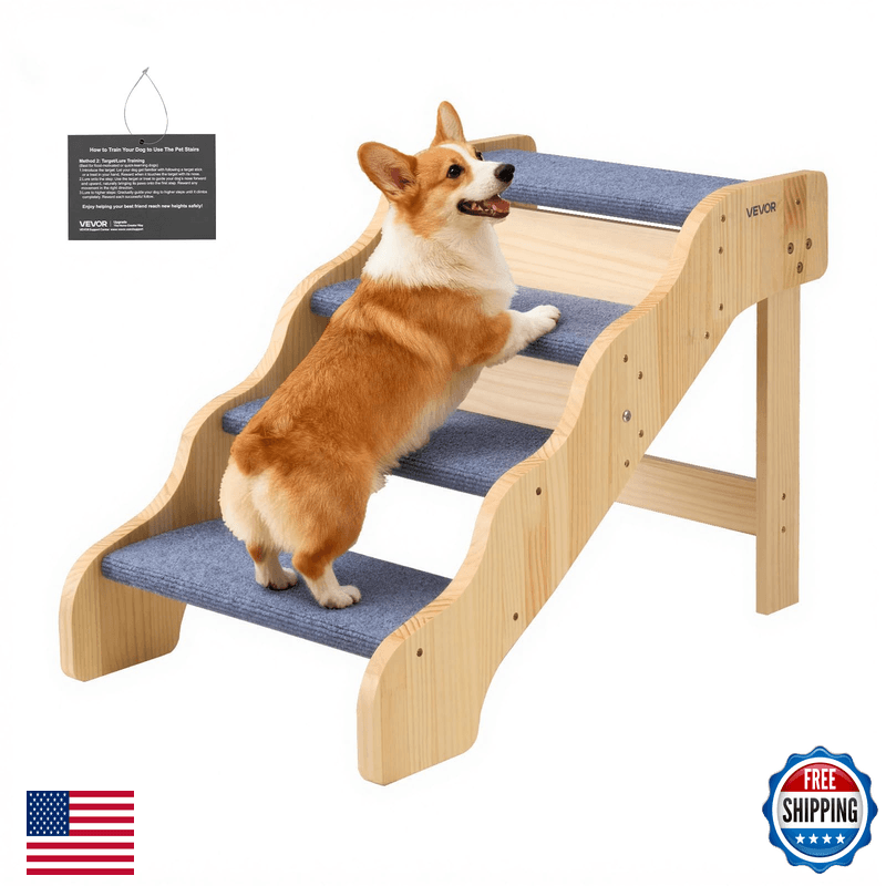 Vevor Wood Pet Stairs 4-Step Dog Stairs For High Beds Sofa Cars 150Lbs Load - Image 1