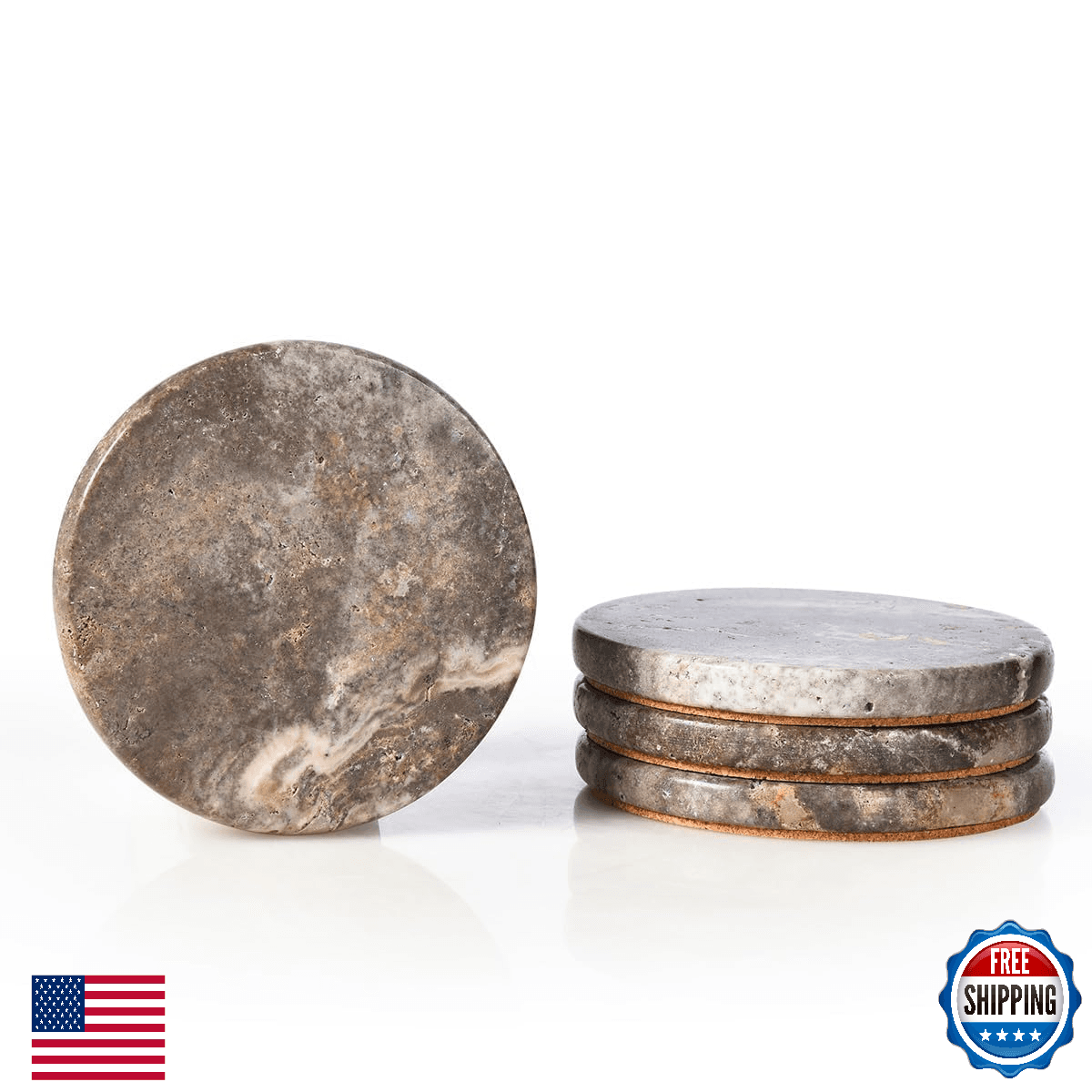 HAMAKAWA Natural Travertine Marble Coasters Set of 4, Round Gray Stone 4 Inch - Image 1