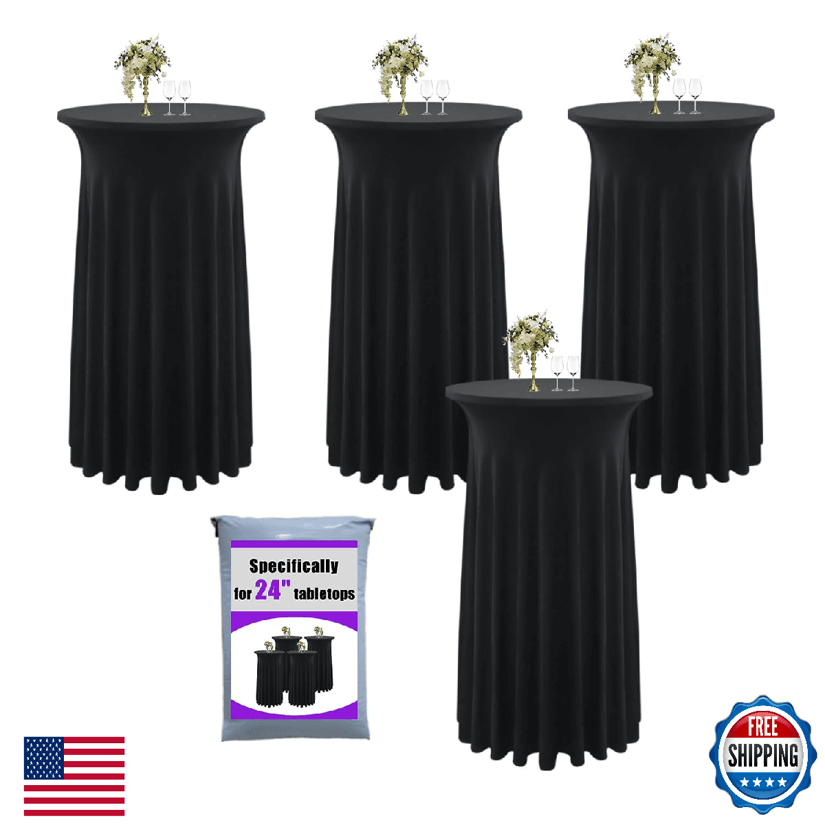 Yoquare 4-Pack 24"x43" Black Round Cocktail Table Skirts | Stretch Spandex Fitte - Image 1