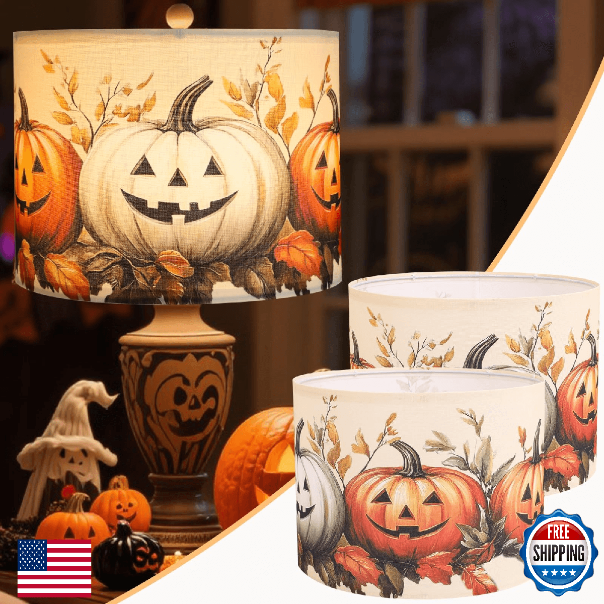Novantl Pumpkin Lamp Shades Set of 2 for Halloween Decorations, Linen Printed Fa - Image 1