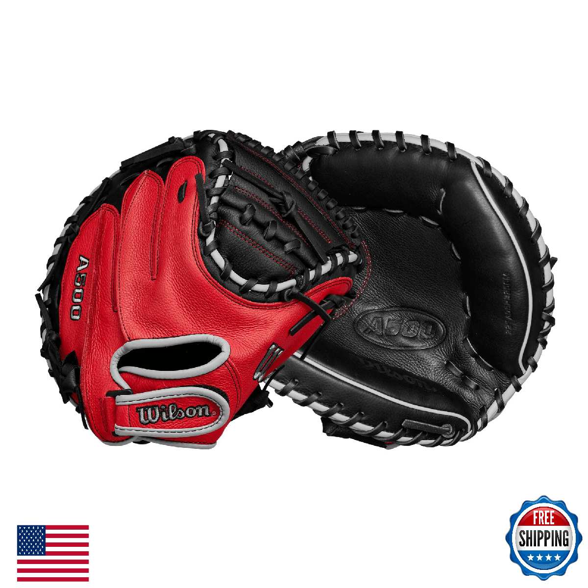 Wilson A500 32" Youth Baseball Catcher's Mitt - RHT, Black/Red/Grey - Image 1