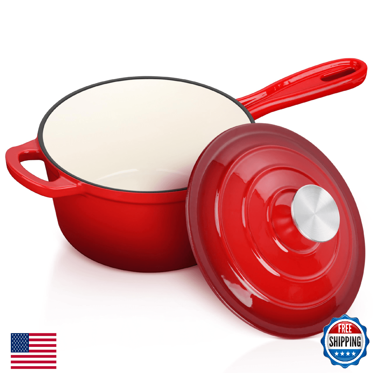 Leonyo Enameled Cast Iron Sauce Pan 2 Qt with Lid Red All Cooktops - Image 1