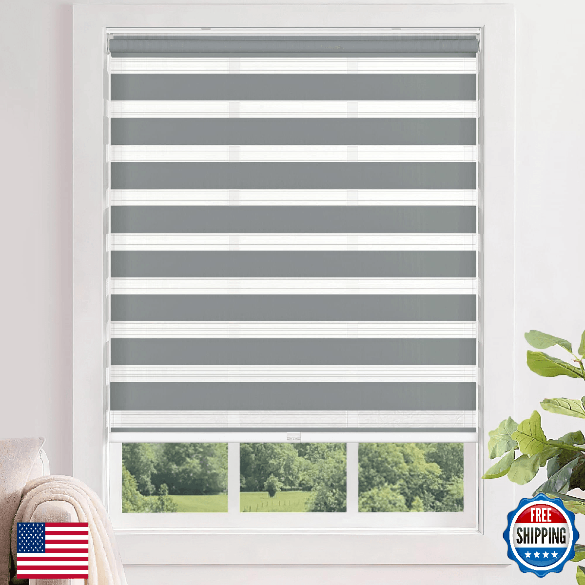LazBlinds No Tools No Drill Cordless Zebra Blinds for Windows, Dual Layer Light - Image 1