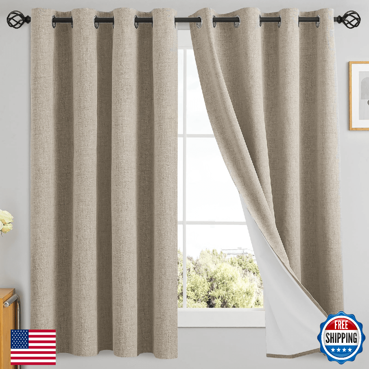 Yakamok 100% Blackout Linen Curtains 63" Long Room Darkening Textured - Image 1