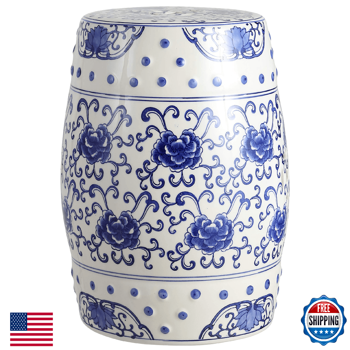 JONATHAN Y Lotus Flower 17.8" Ceramic Drum Indoor/Outdoor Garden Stool Blue/Whit - Image 1