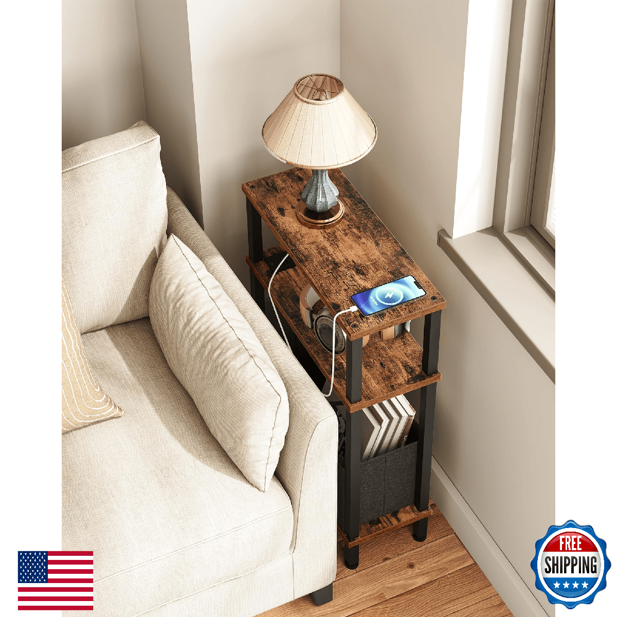 CHOEZON Small Narrow Side Table with Charging Station, Skinny End Table with Fab - Image 1