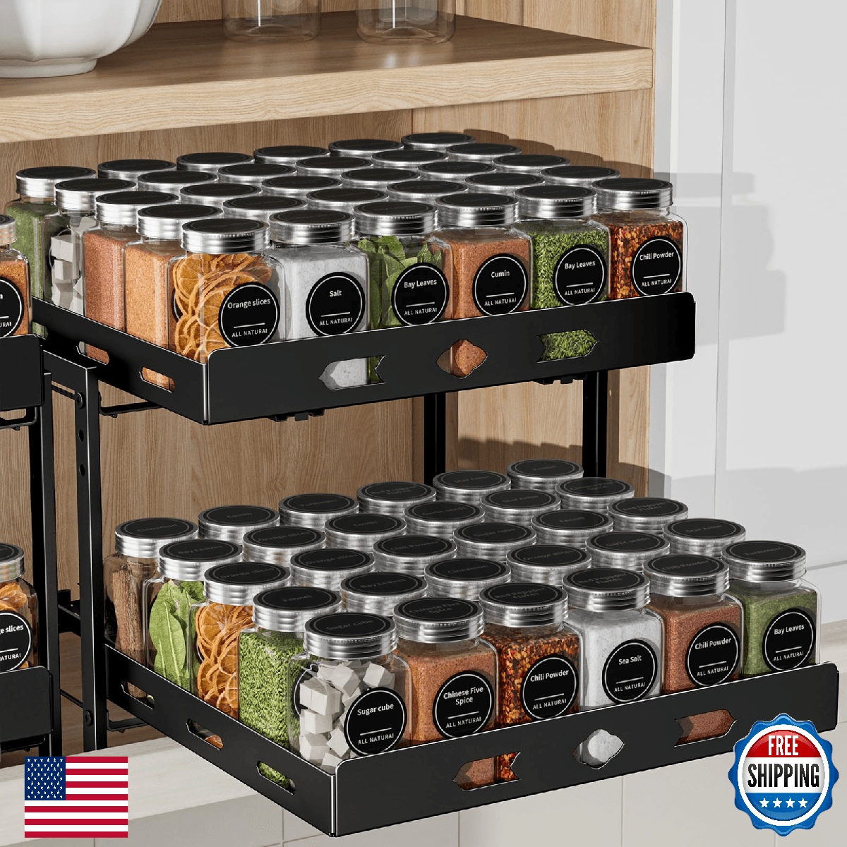 BOIVSHI 2-Tier Adjustable Vertical Spice Rack Cabinet Kitchen Pantry Black - Image 1