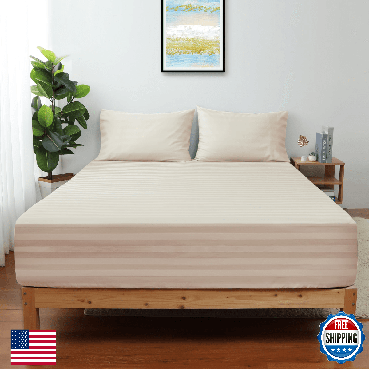 Twin Size Striped Fitted Sheet Beige 100% Egyptian Cotton 600TC Deep Pocket - Image 1