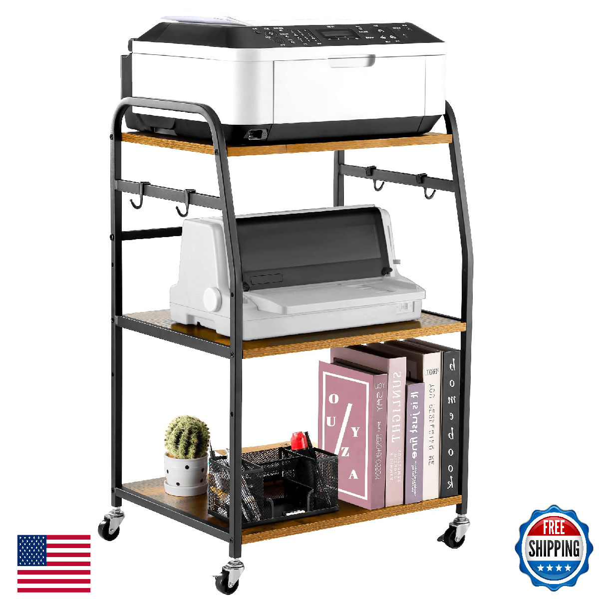 Vividwood 3-Tier Printer Stand Large Adjustable Storage Shelf w/Wheels - Image 1