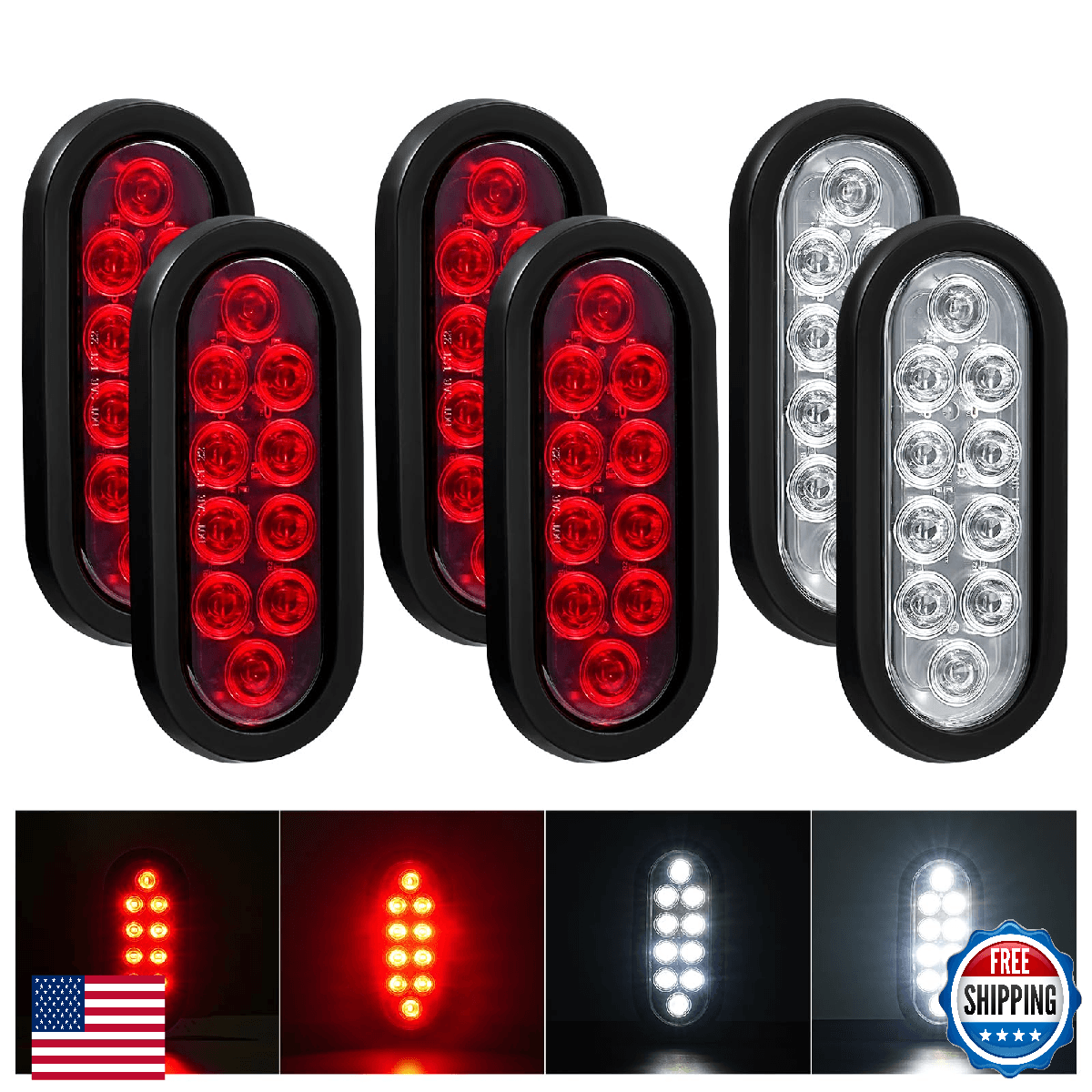 Verandio 6Pcs 6" Oval LED Trailer Tail Lights Red/White 10 LED Brake Reverse Lam - Image 1