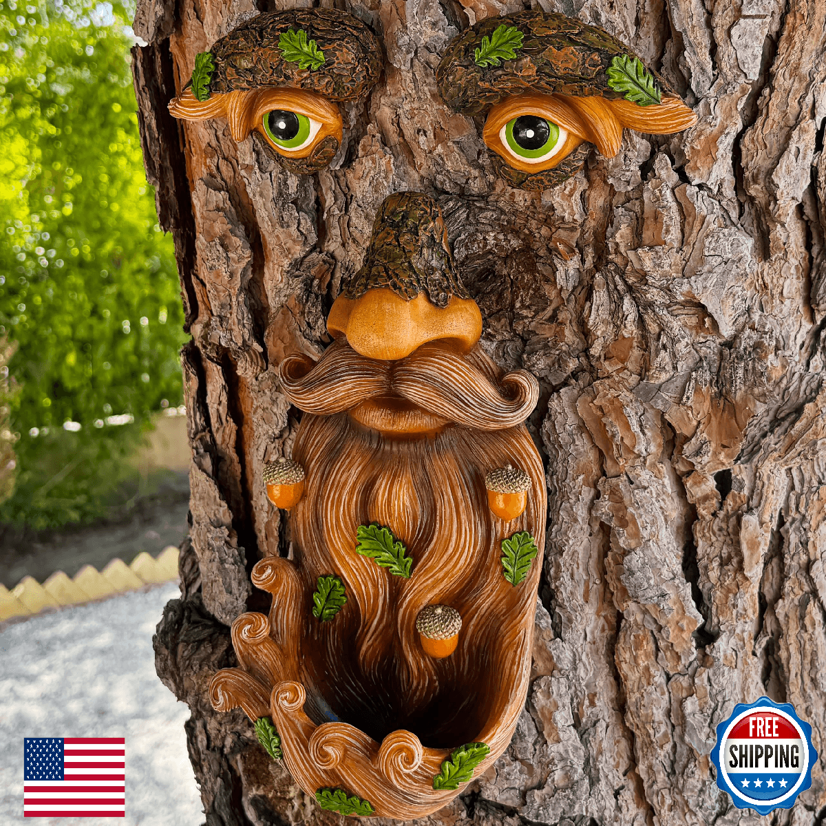 Mood Lab Tree Face Decor - Outdoor Bird Feeder with Acorns - Old Man Tree Face G - Image 1