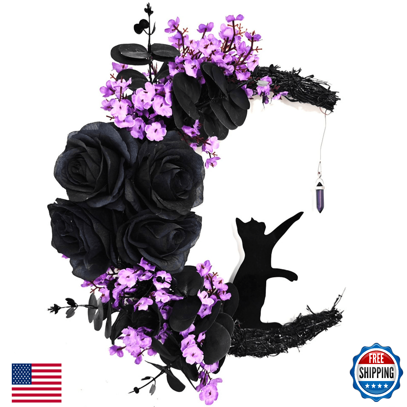 Halloween Black Branch Wreath Signs for Front Door with Lights,Handcrafted Hallo - Image 1