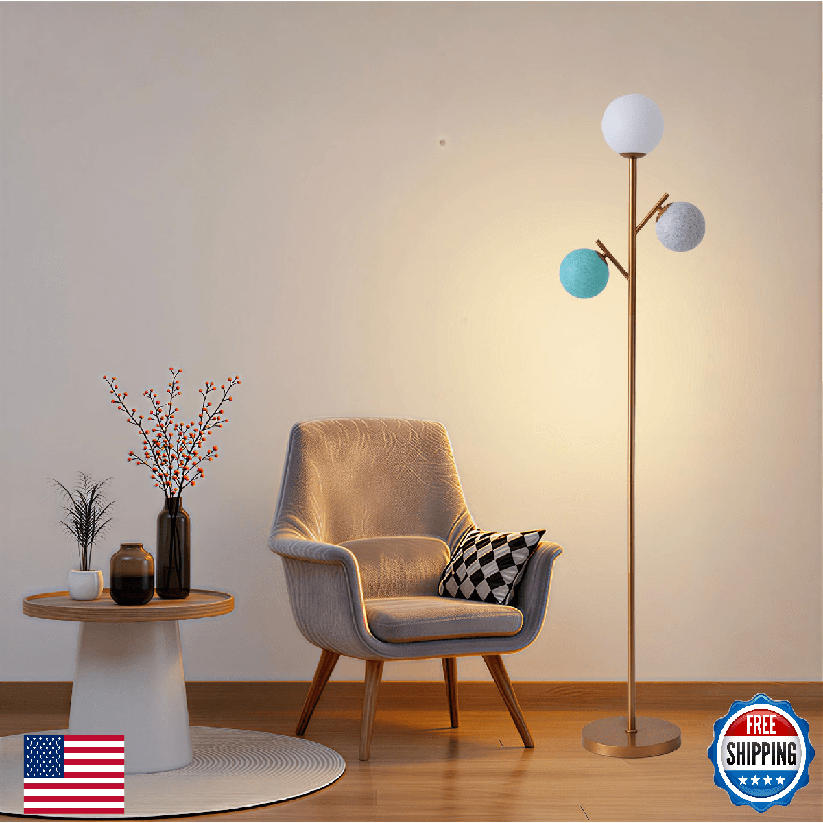 Fiqevs 3 Light Globe Floor Lamp - Modern Gold Floor Lamp with Multi-Color lampsh - Image 1