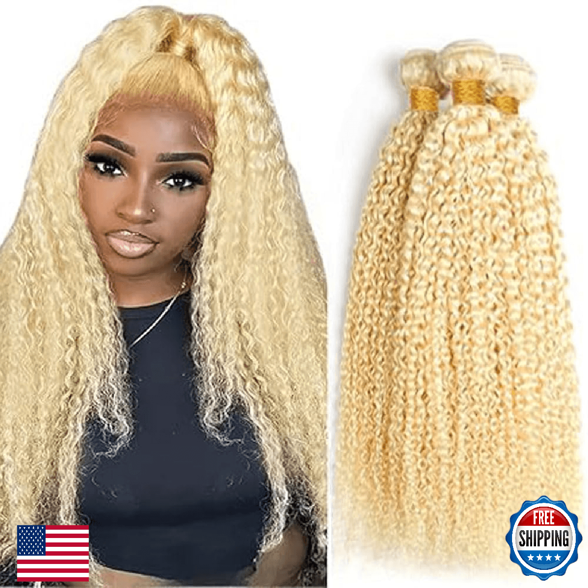 613 Blonde Bundles Human Hair 18 20 22 Inch Curly Wave Blonde 613 Human Hair Bun - Image 1