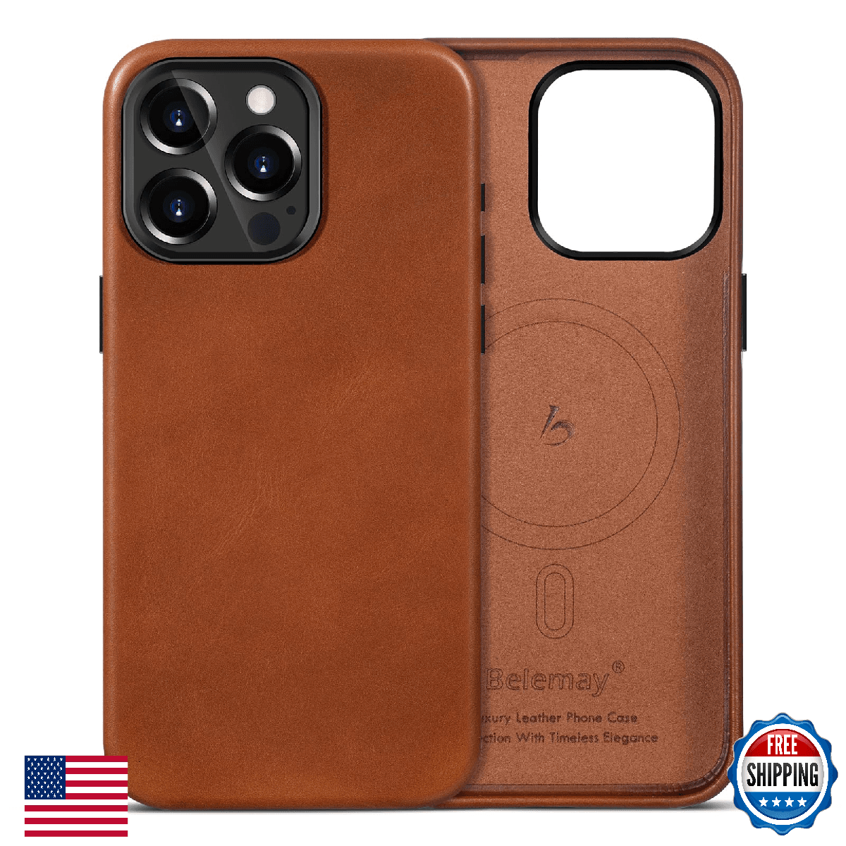 Belemay iPhone 14 Pro MagSafe Full-Grain Leather Case, Metal Buttons - Image 1
