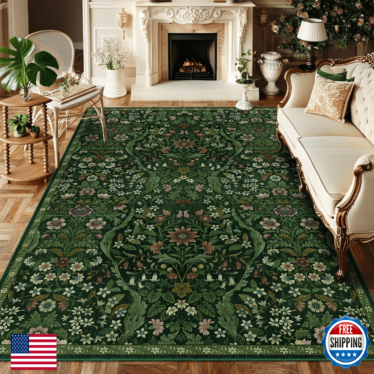 5×7 Dark Green Washable Floral Area Rug,Vintage Boho Soft Low-Pile Living Room R - Image 1