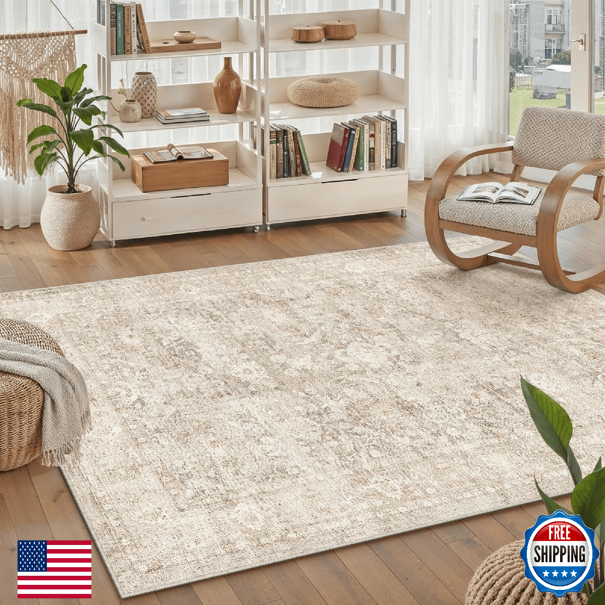WondRg 3x5 Beige Washable Area Rug Entryway Non Slip Low Pile Vintage Door Mat B - Image 1
