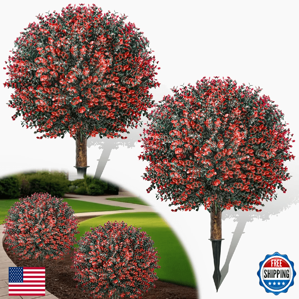 YUGYUM 2 Pack Artificial Red Topiary Ball Trees 24 inch UV Resistant Faux Boxwoo - Image 1