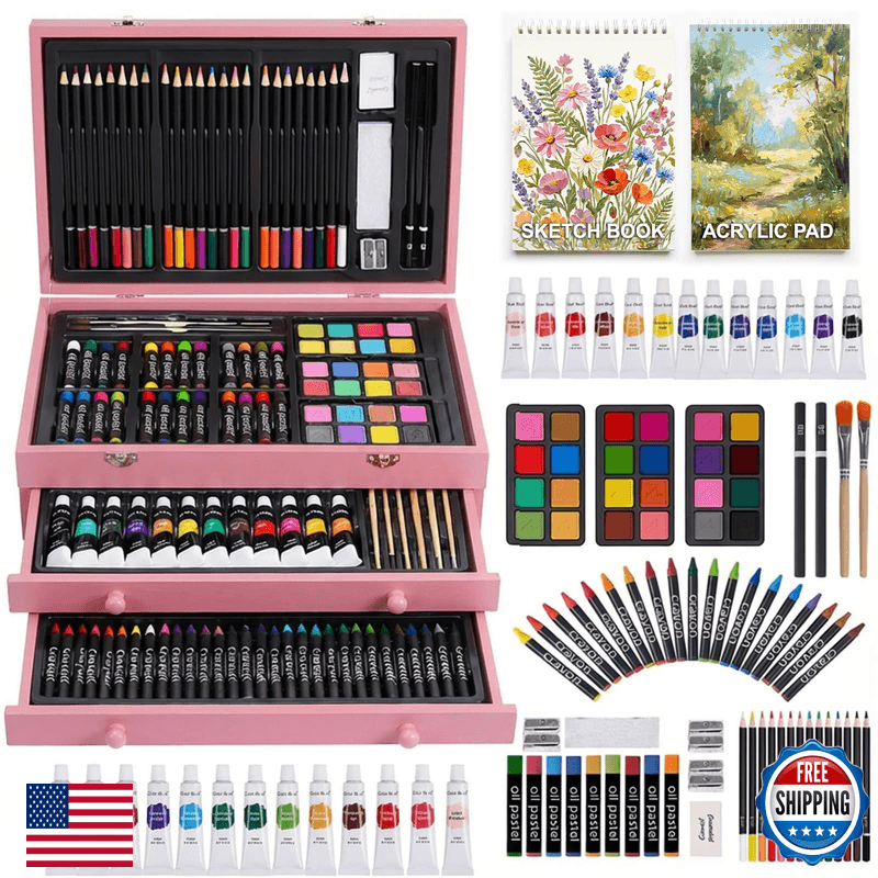 Tmol 175-Pack Deluxe Wooden Art Set Drawing Painting Kit 2 Drawing Pads Acrylic - Image 1