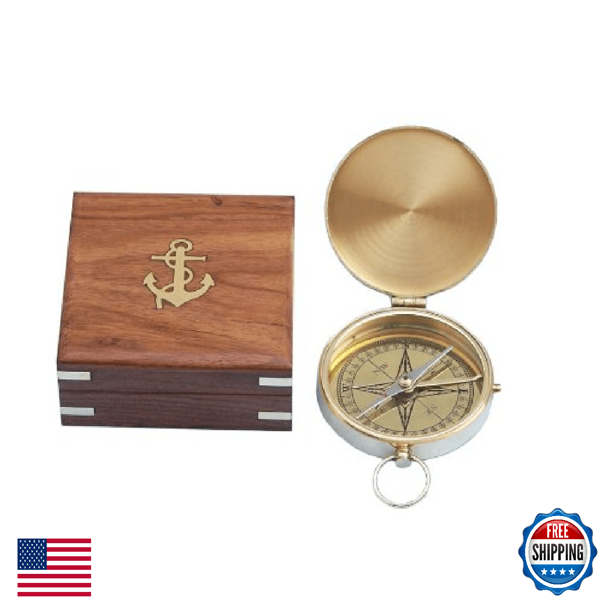 Hampton Nautical Solid Brass Gentlemen's Compass w/ Rosewood Box 4" - Image 1