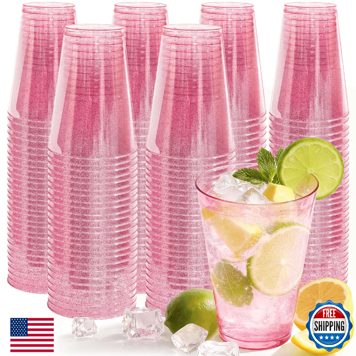 Glowserve 200 Pack Plastic Cups Disposable 12 oz Pink Glitter Party Cups for Coc - Image 1