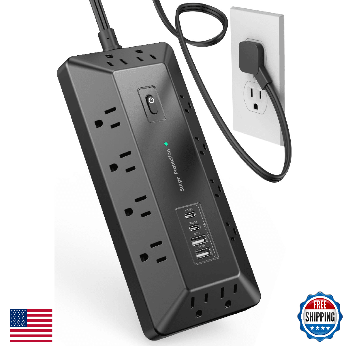 Upgraded Surge Protector Power Strip with USB Ports, 12 Outlets 2 USB-C 2 USB-A, - Image 1