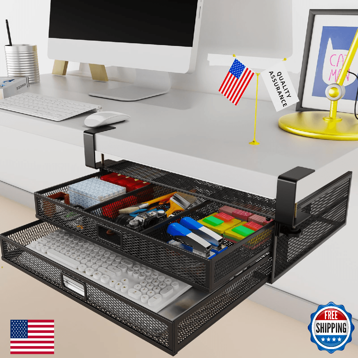 Under Desk Drawer Organizer No Drilling, 2 Slide Out, Under Table Storage New - Image 1